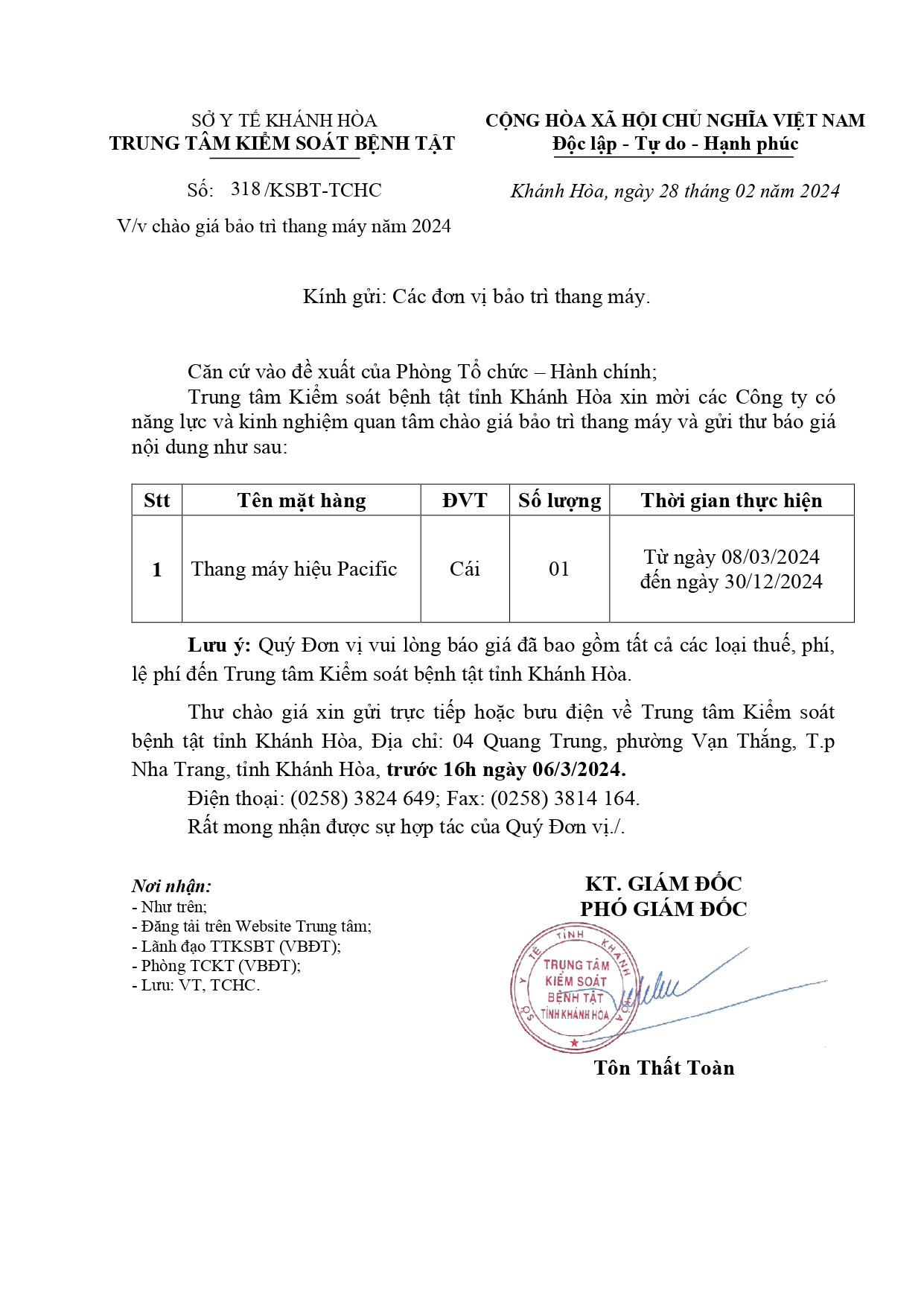 V/v chào giá bảo trì thang máy năm 2024